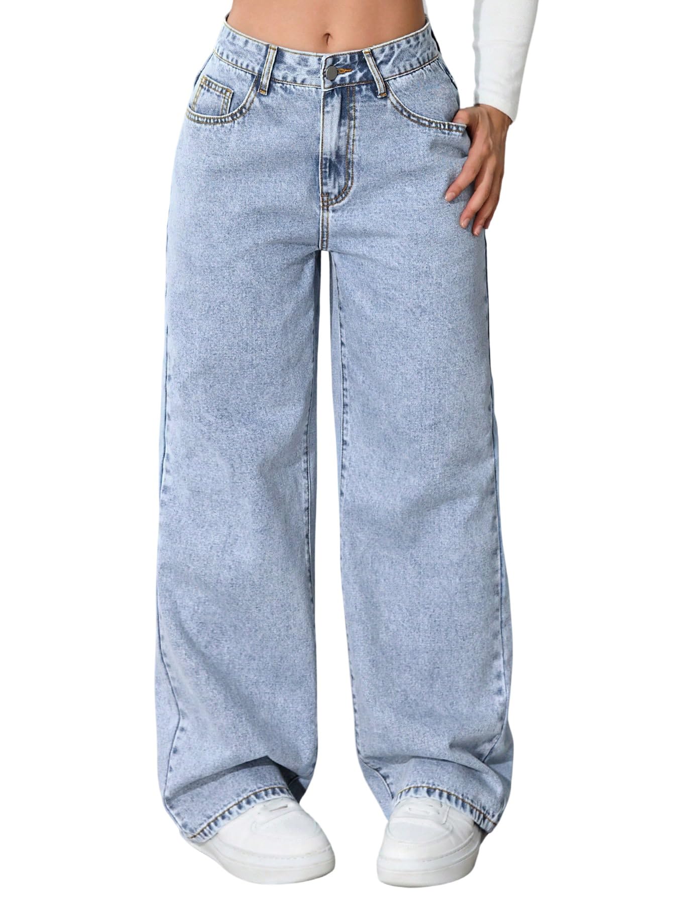SweatyRocks Jeans da donna eleganti jeans da donna a vita alta, jeans in denim con chiusura lampo, pantaloni a gamba larga, con tasche