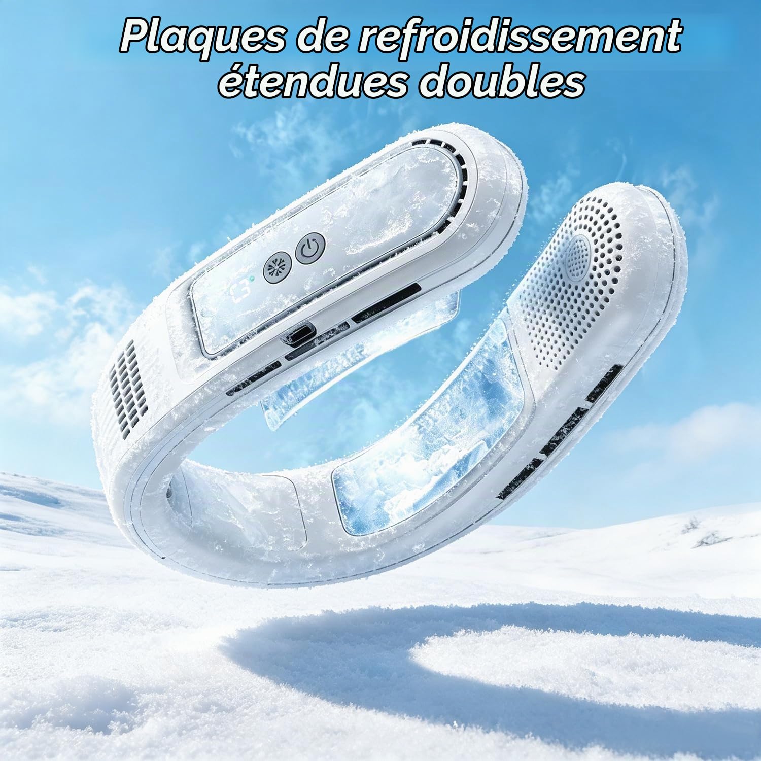 Ventilateur de Cou Portable avec 2 Plaques de Refroidissement Glacées, Ventilateur Climatiseur Cou Mobile Silencieux Rechargeable à Air Froid, Double Turbo, Cadeaux pour Voyage Plage Bureau Femme