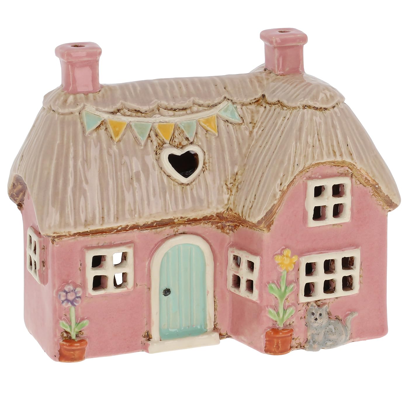 Village Pottery Pink Thatched Garden L Shaped Cottage Tea Light Candle Holder