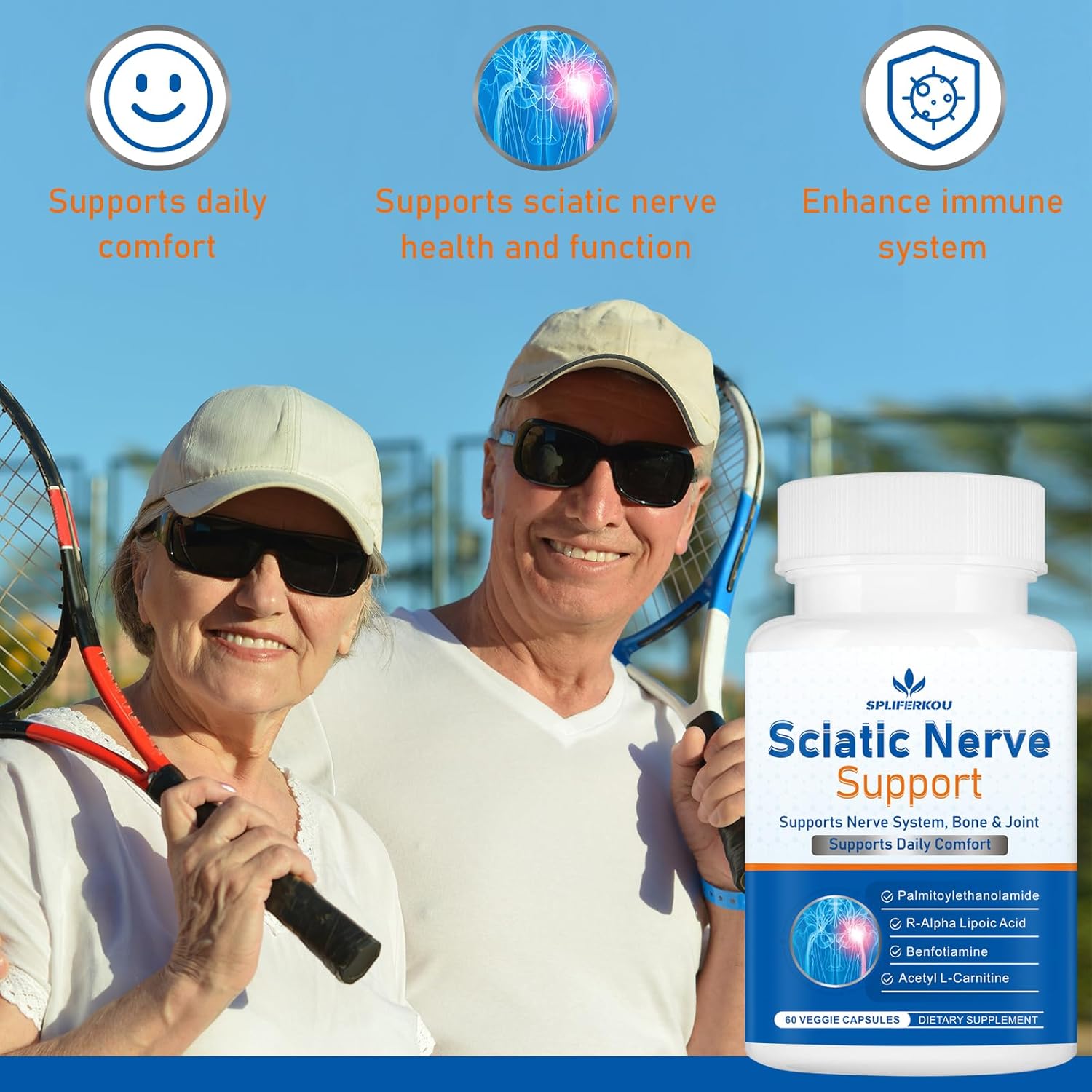 Sciatic Nerve Support Supplement, Advanced Sciatic Nerve Support Formula with Pea, Alpha Lipoic Acid, Benfotiamine, 60 Capsules