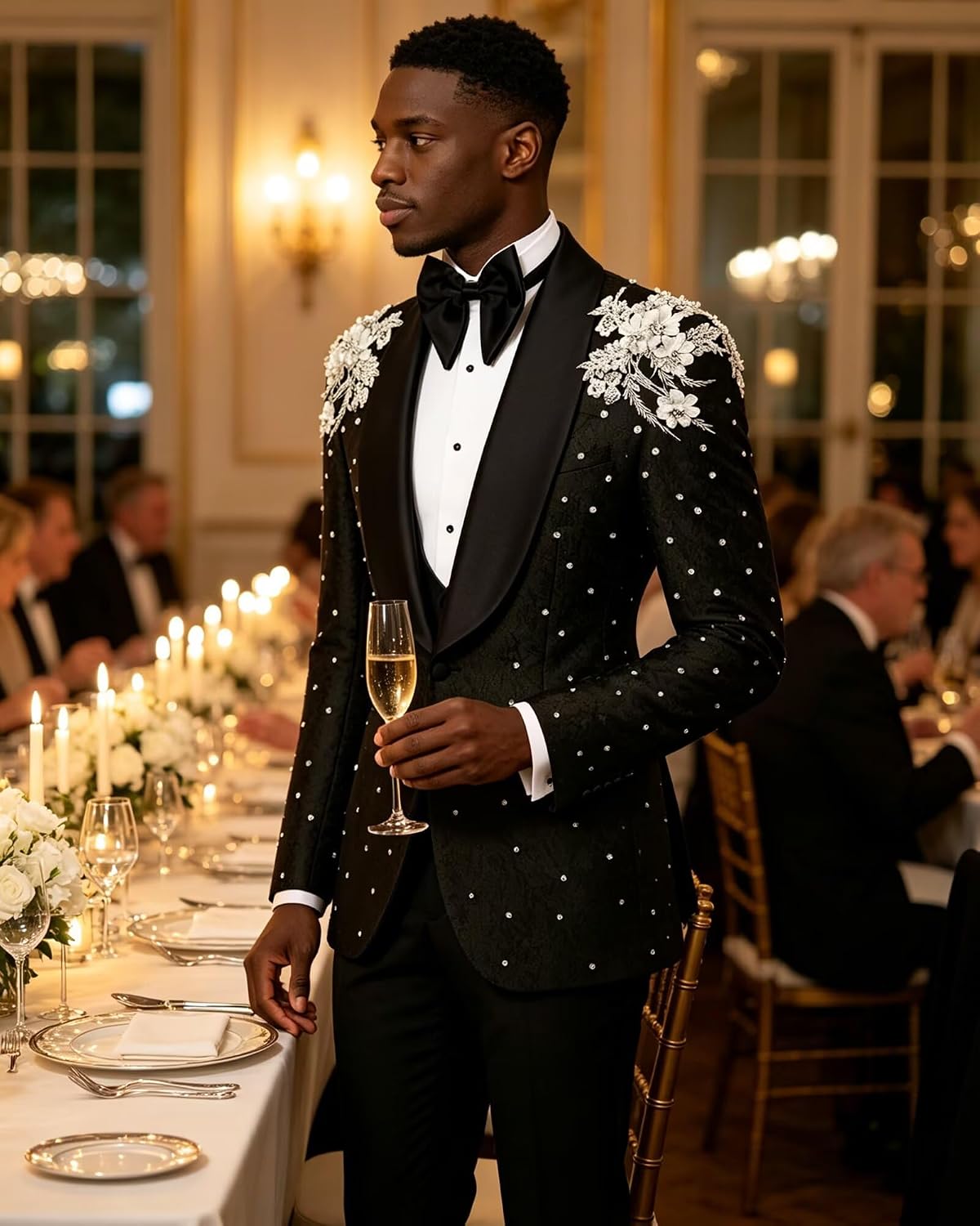 Men's Floral Embroidered Tuxedo Beaded Jacquard Dinner Jacket