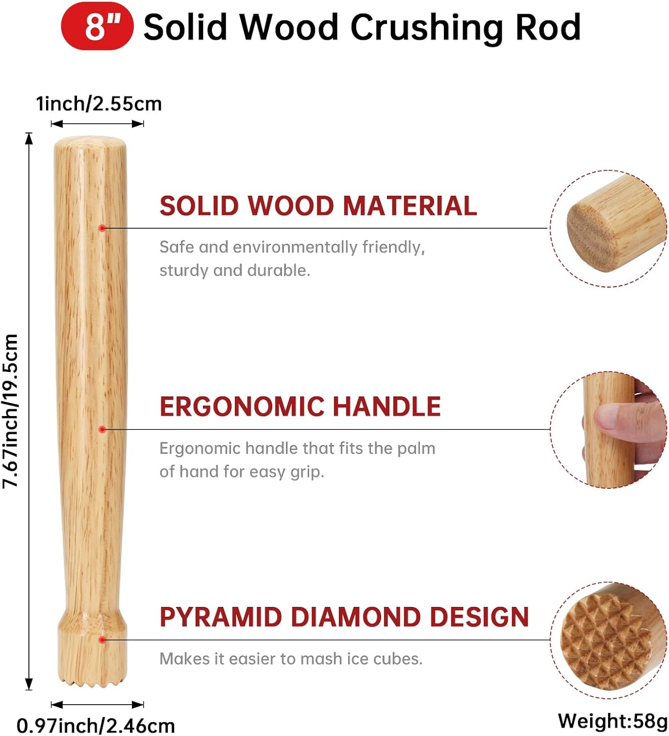 8 Inch Wooden Muddler for Cocktails, Home and Bar Muddler for Mojitos, Fruit Drinks, Sturdy Wood, Professional Bar Tool