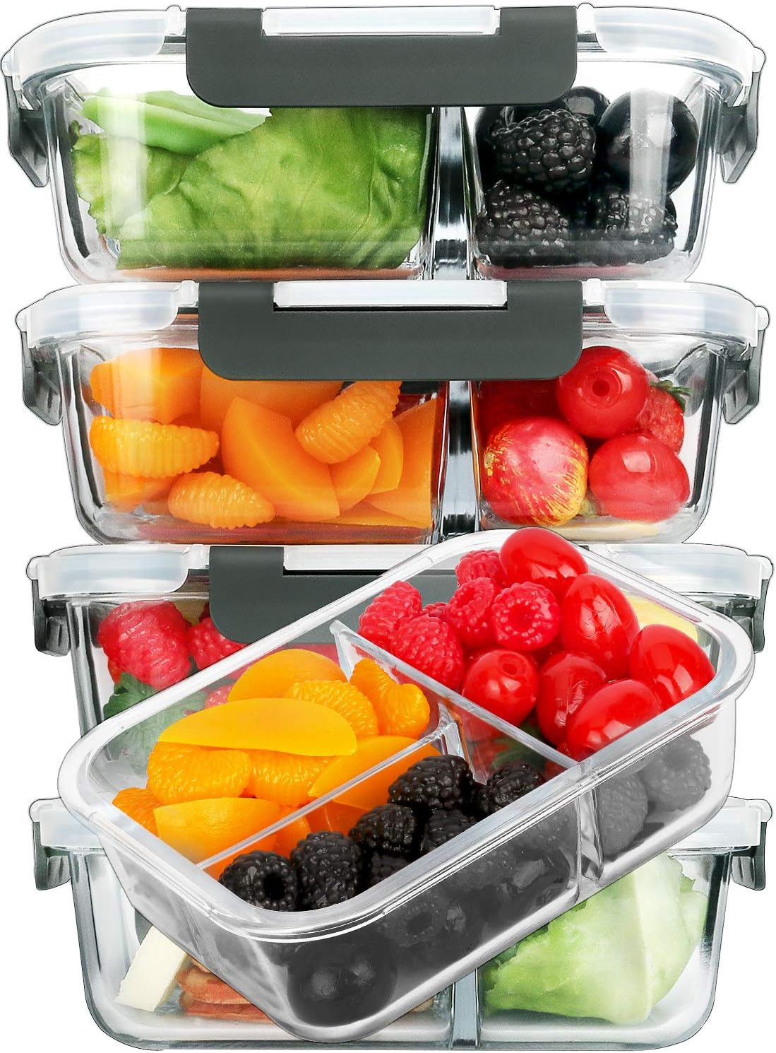 [5-Pack, 36 oz] Glass Meal Prep Containers 3 Compartment with Lids, Glass Lunch Containers,Food Prep Lunch Box,Bento Box,BPA-Free, Microwave, Oven, Freezer, Dishwasher (4.5 Cups)