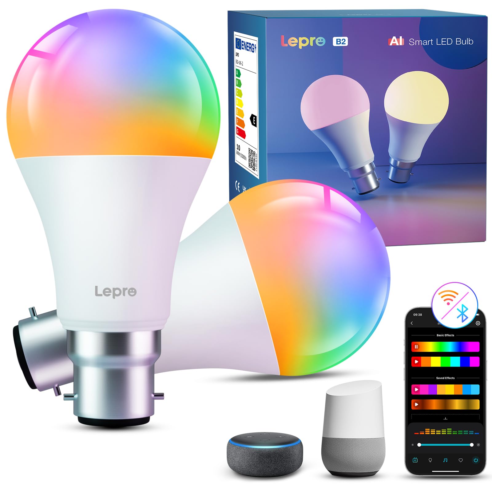 Lepro White Ai Smart Bulb B22, 1100Lm Wifi Bulb, Music Sync Colour Changing Light Bulbs, Personalized Ai Lighting Designer, Dimmable, Voice Control, Works With Alexa & Google Assistant, 2 Packs