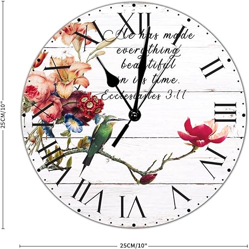 Miniatura 36 de ArogGeld He Made Everything Beautiful - Reloj de pared de PVC con flores rosadas, colibrí, reloj de pared grande con cita y números romanos, reloj