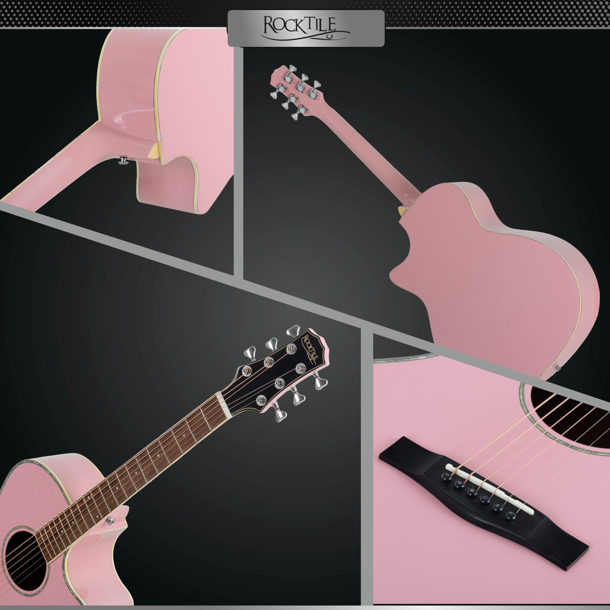 Rocktile WSC-150C-PK Westerngitarre - 6-saitige Grand Auditorium Akustikgitarre mit Cutaway - massive Fichtendecke & Mahagoni-Korpus - Palisandergriffbrett - Gloss Finish - Pink