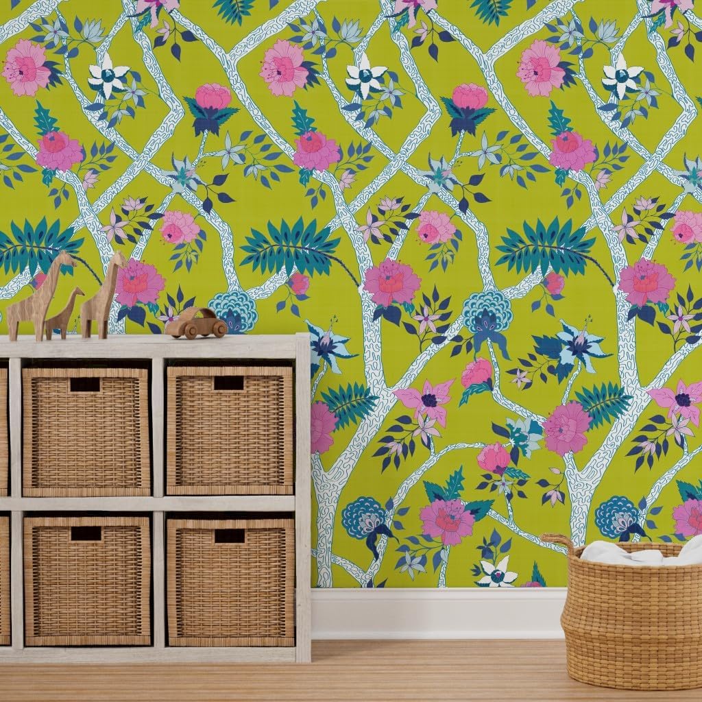 Removable Wallpaper 6ft x 2ft - Pink Peony Chartreuse Yellow Floral Chinoiserie Asian Inspired Custom Pre-Pasted Wallpaper by Spoonflower