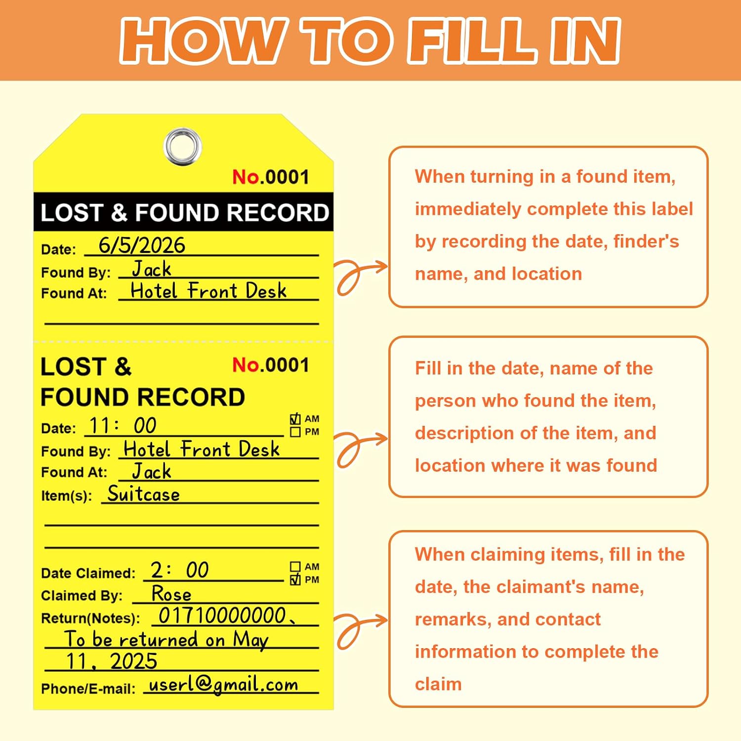 500Pcs Lost and Found Tags with Elastic String Attached &Marker Fluorescent Yellow Paper Lost & Found Record Tags 5 1/4" x 2 5/8" Black Printing Property Tag for Hotel Restaurants Luggage Storage