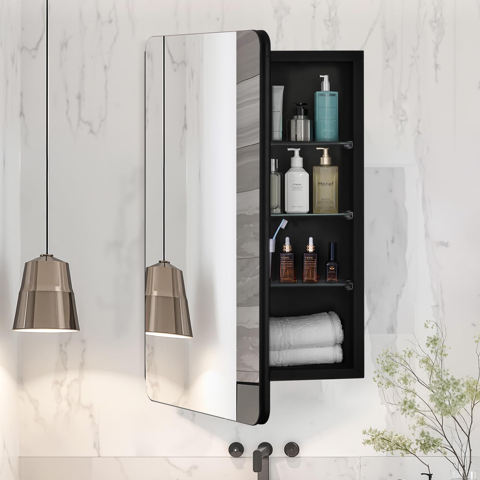 VEVOR Armadietto per Medicinali 420 x 700 mm Armadietto per Medicinali con Specchio, Anta a Specchio e Ripiani in Vetro Regolabili, Installazione a Incasso e a Parete, Telaio Alluminio di Alta Qualità