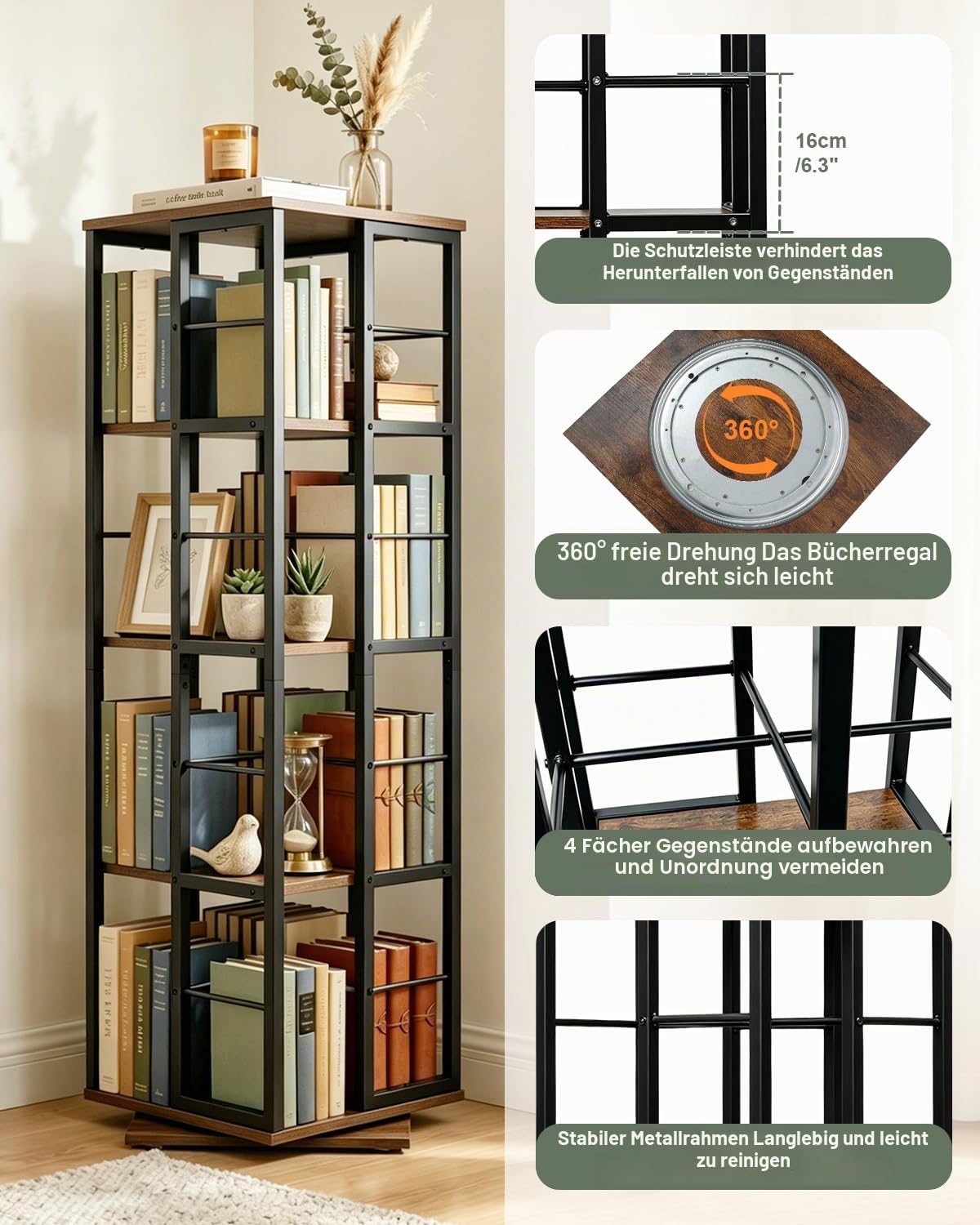 Drehbares Bücherregal 360 Grad, Drehregal Standregal mit 4 Ebenen, Rotating Bookshelf Platzsparend, Bodenstehendes Bücherschrank Holz, Drehregal Bücher für Wohnzimmer, Schlafzimmer, Büro (Schwarz)