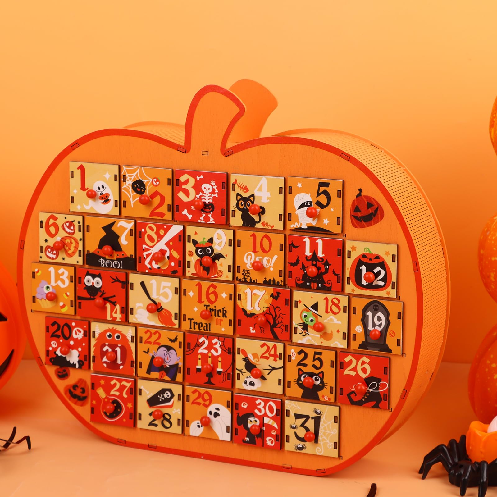 FOIMAS Calendario de Adviento de Halloween, caja de calendario de Adviento de madera con cuenta regresiva de calabaza de 31 días con cajones de almacenamiento para decoración de fiesta de Halloween