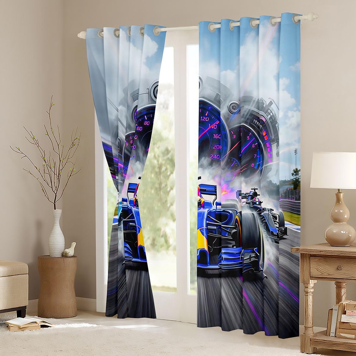 Homewish Chłopięce zasłony okienne, 117 x 183 cm, 2 zestawy paneli – zasłony zaciemniające do samochodu wyścigowego, tor wyścigowy, sporty ekstremalne, zasłony okienne, neonowa deska rozdzielcza