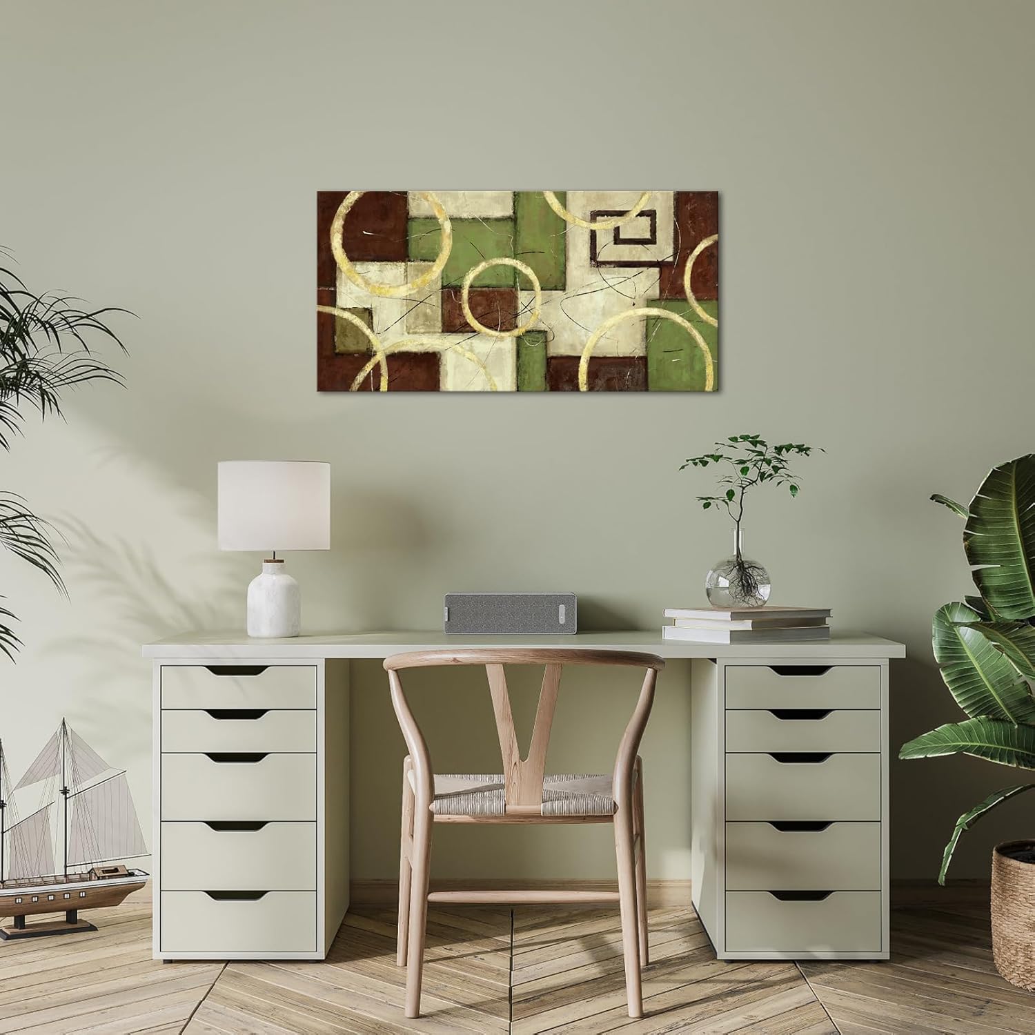 iKNOW FOTO Modern Abstract Geometric Canvas Wall Art - 40x20'' Grey & Brown Circle Painting - Large Simple Framed Artwork for Bedroom, Living Room, Bathroom, Office Home Decor (Green)