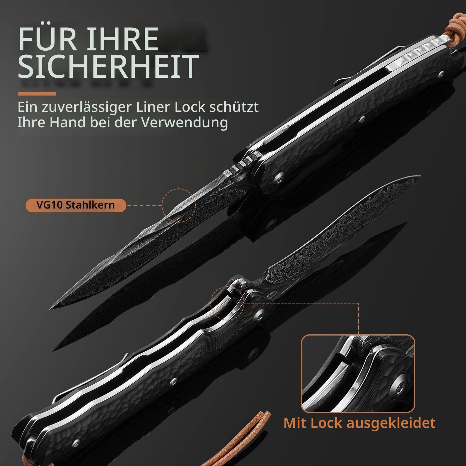 DRACHENADER Taschenmesser Damast Elegant mit Ledertasche, schmales Vg10 Einhand Taschenmesser Hochwertig mit Clip und Ebenholz Griff, Schwarz