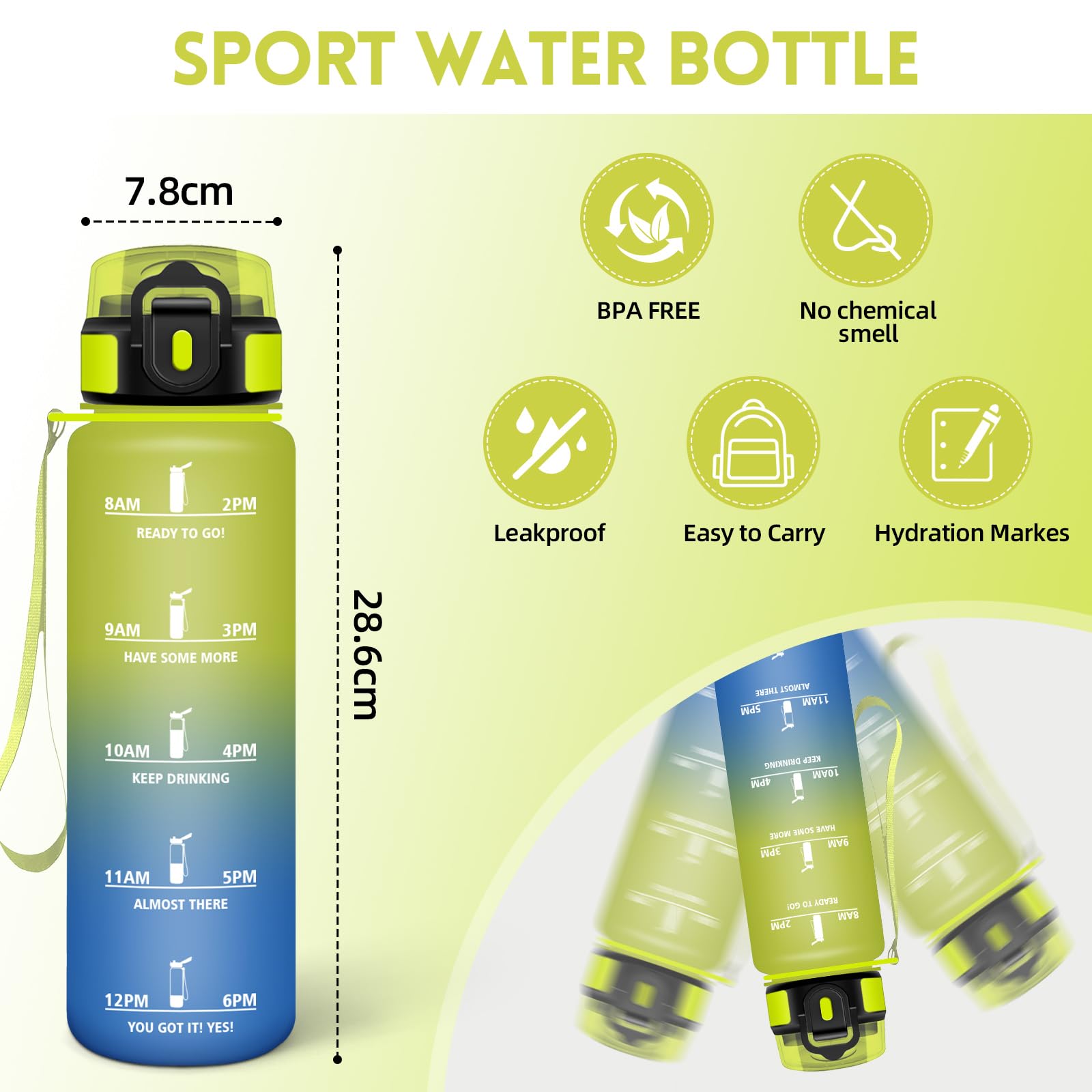 HoneyHolly Trinkflasche 1L Mit Zeitmarkierung - Auslaufsichere Sportflasche