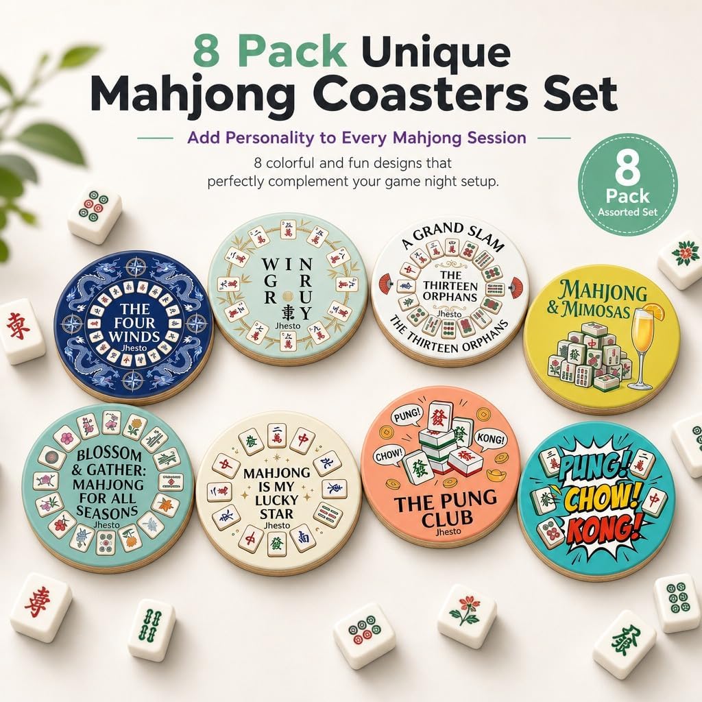 8 Pack Mahjong Coasters, 3.94" Poplar Wood Drink Coasters, Mahjong Mat & Accessories Gifts for Mahjong Lovers, Heat Resistant Table Protectors for Game Night Party Supplies(Circular) image 2