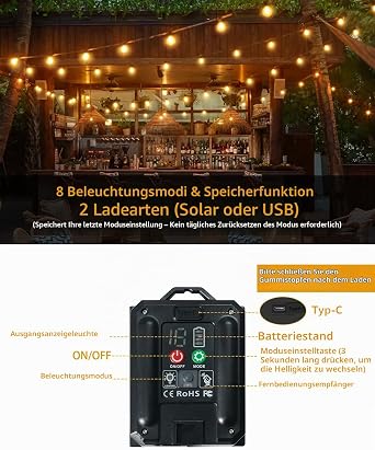 Bzavor LED Fairy Lights Outdoor Solar 15 m 25 + 2 G40 Light Bulbs Solar Fairy Lights Outdoor with Remote Control 8 Modes Solar Fairy Lights Outdoor Weatherproof for Garden Patio Weddings Parties [Energy Class A]
