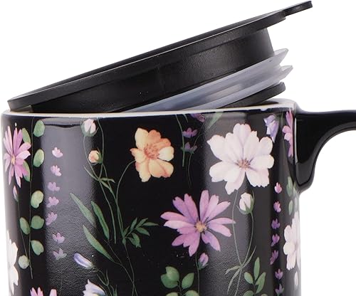 Miniatura 7 de DUSVALLY Taza de café de cerámica con tapa, taza de té de latte de porcelana con asa, 17 onzas, color negro