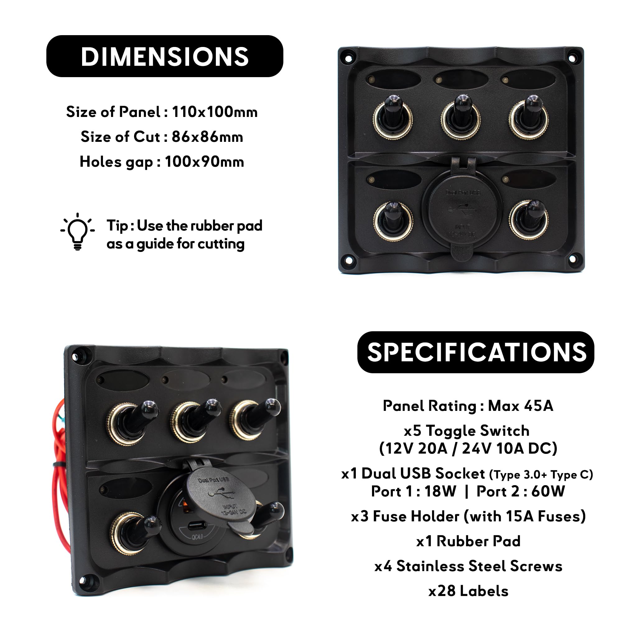 Panneau de commutateurs à bascule étanche IP67 – 5 voies – avec Chargeur Double USB 60W – 12/24V – pour bateau, voilier, yacht, annexe, jetski | BAYWATT (TSP5WU)