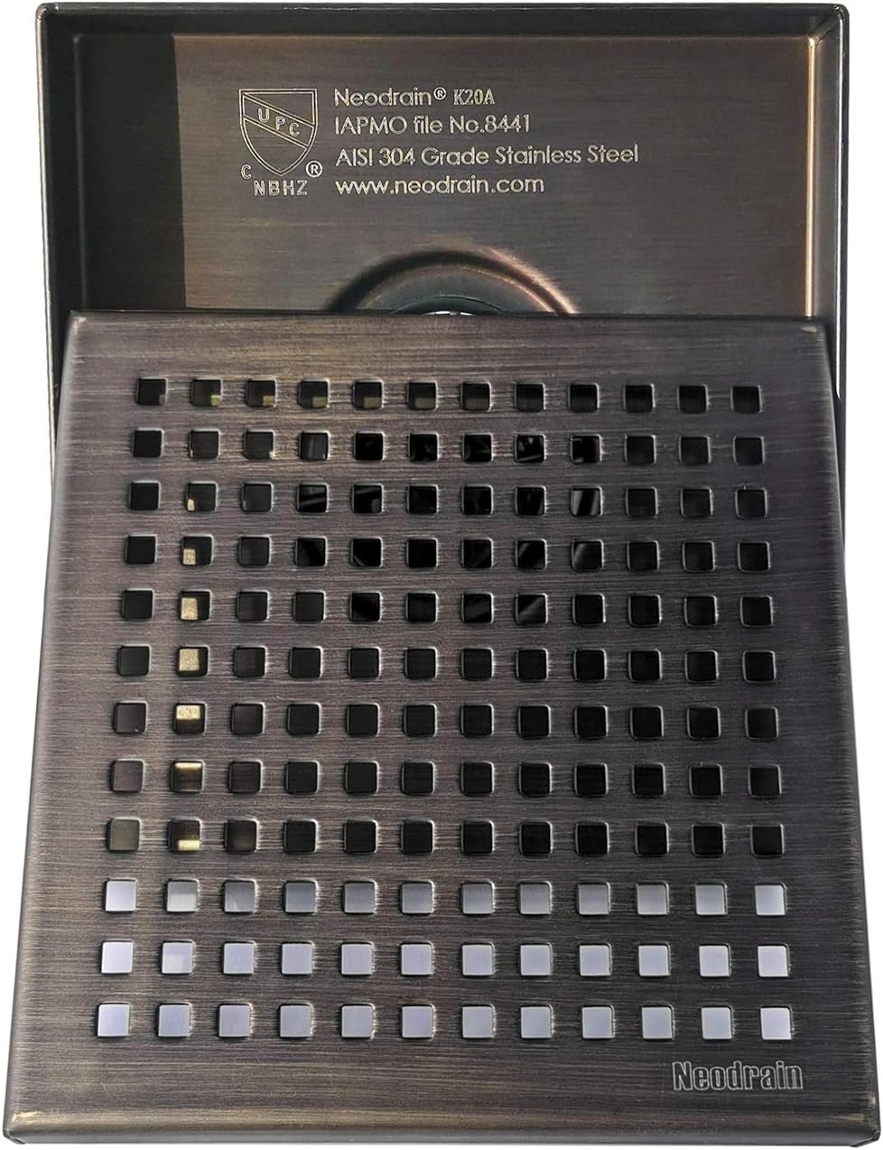 Neodrain 6 in Square Shower Drain, Oil Rubbed Bronze, Removable Quadrato Pattern Grate, with PVC Shower Drain Base and Rubber Gasket, Square Drainage. CUPC Certified, Includes Hair Strainer, ORB