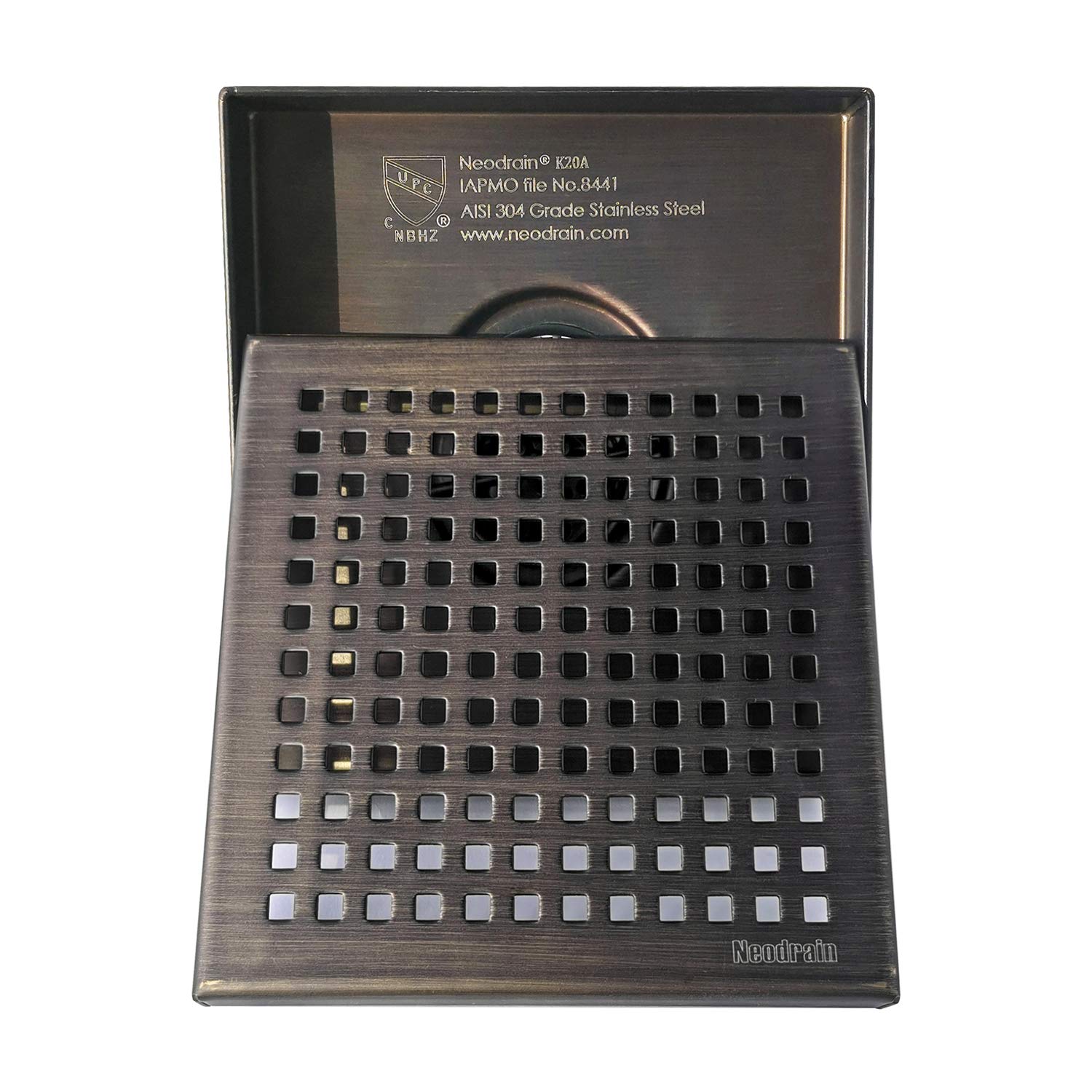 Drenaje cuadrado de 6 pulgadas con rejilla extraíble de bronce aceitado, base de drenaje de PVC y junta de goma, drenaje de 6 pulgadas con certificación WATERMARK y CUPC, incluye colador de pelo. 5