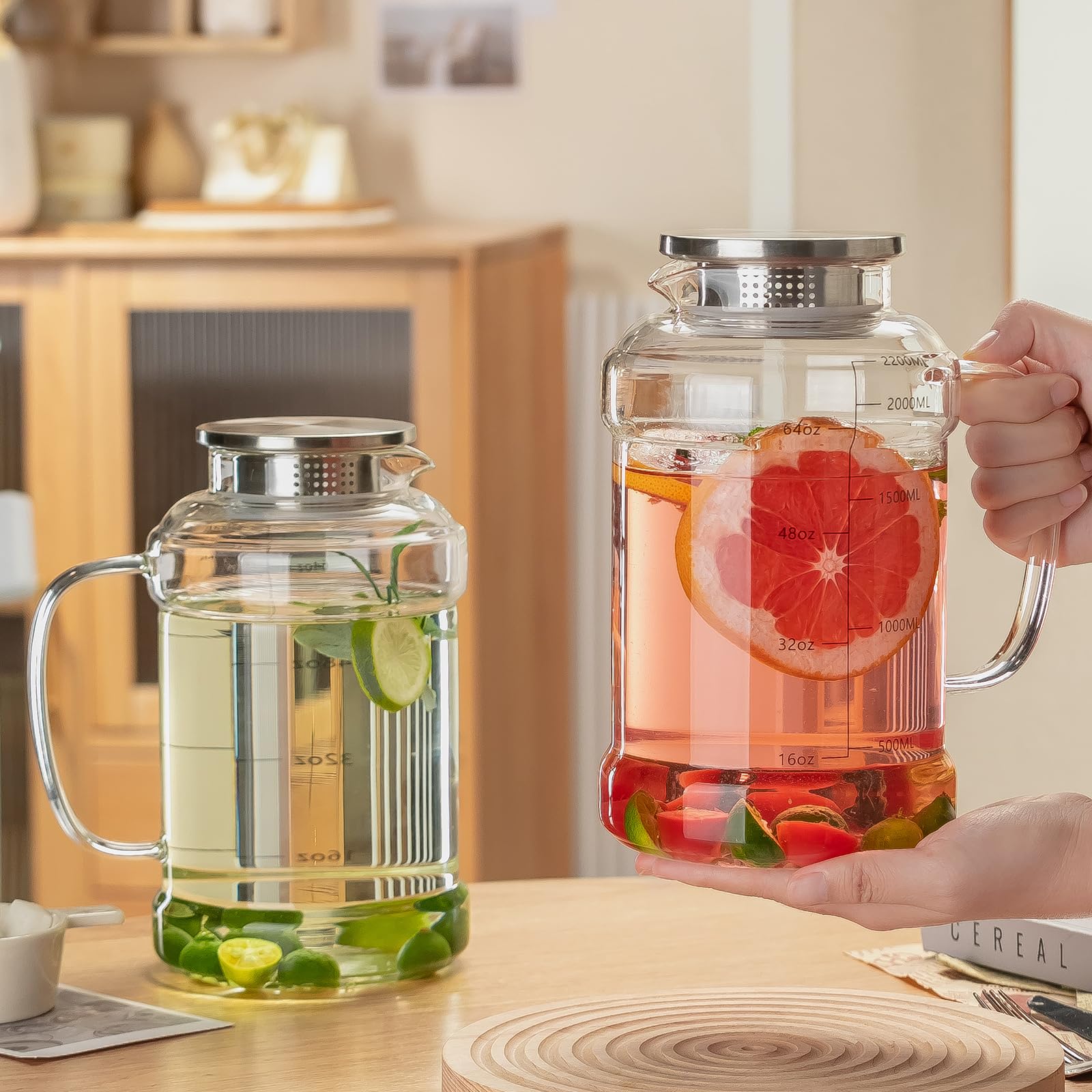 Buaic Glaskrug mit Deckel, 2,2 l Wasserkrug, klares Borosilikatglas, Wasserkaraffe für kaltgebrühten Kaffee, Limonade, Eiskaffee, Sonnentee, Getränke, hitzebeständiger Wasserglas-Krug