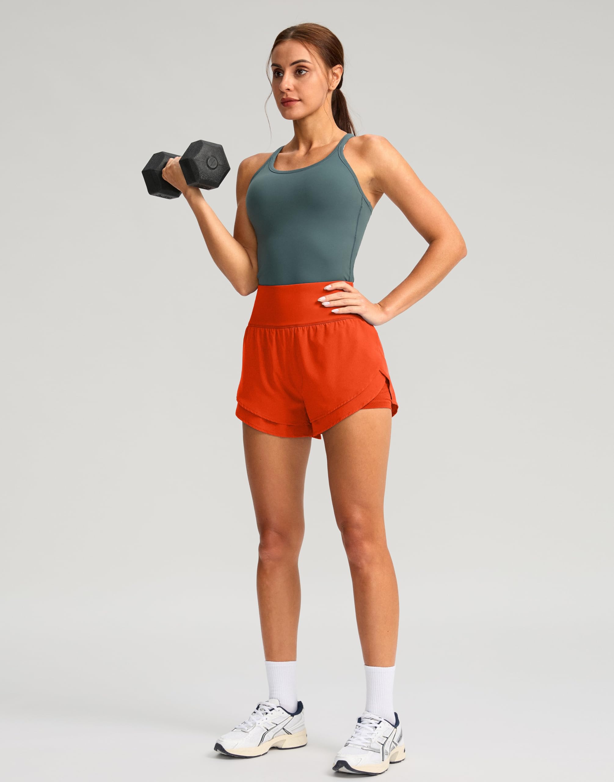 SANTINY Short de course 2 en 1 pour femme avec poches, taille haute 7,6 cm, doublure