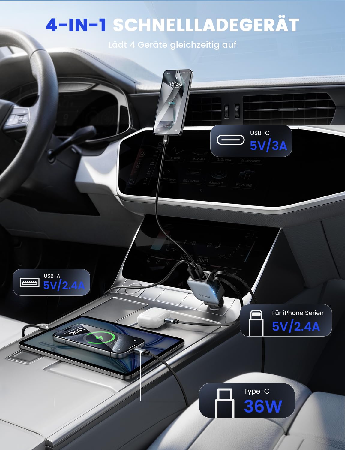 Lamicall 4 IN 1 Zigarettenanzünder USB C Auto Ladegerät - [2× Einziehbare Kabel] 75W USB Adapter Auto mit Typ-C Kabel/iPhone‑Kabel/USB C/USB A, 24/12V KFZ Ladegerät Schnellladegerät für iPhone/Samsung