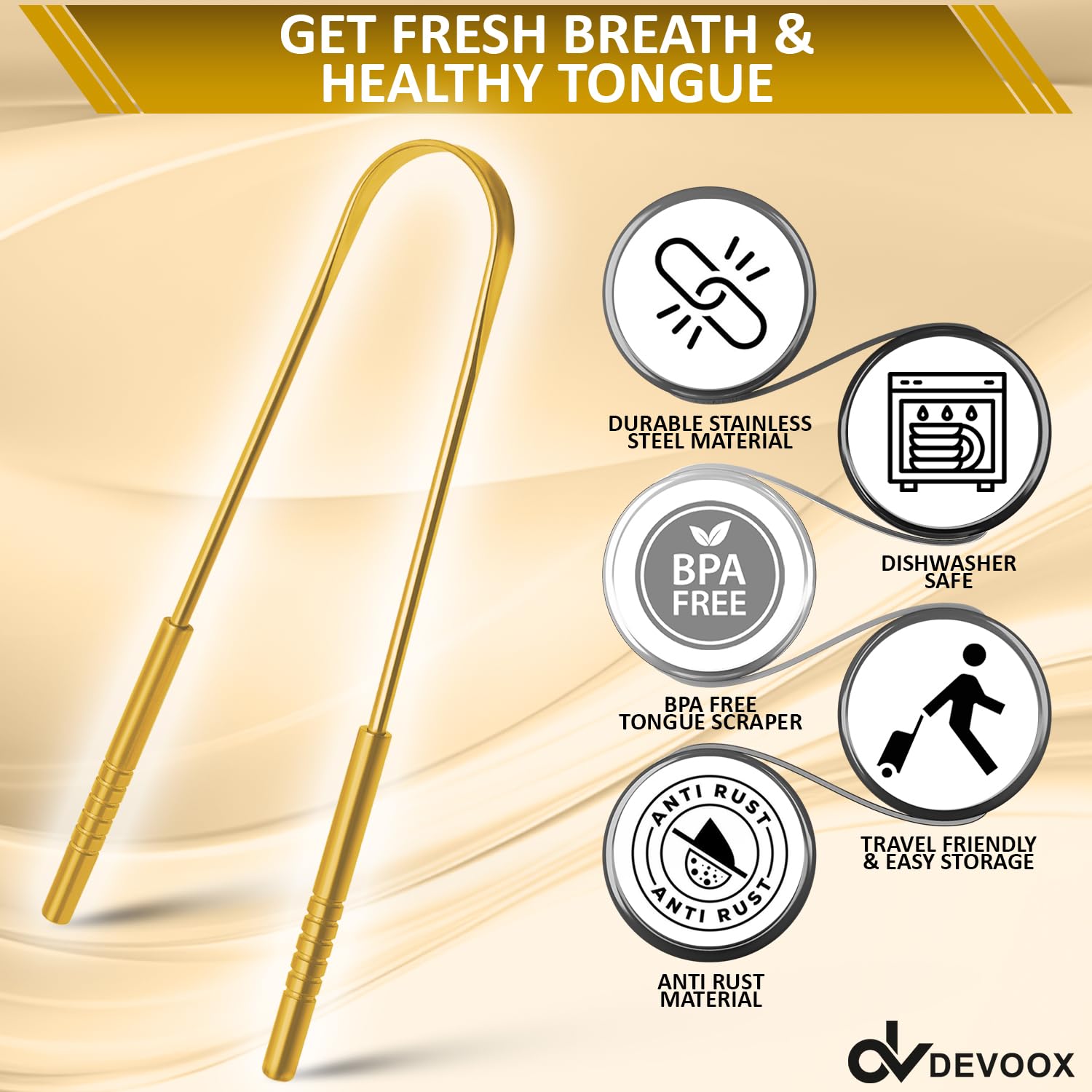 Tongue Scraper Gold Stainless-Steel Tongue Cleaner Japanese Made Premium Tongue Scrubber for Adults with U-Shape Easy to Use for Reduce Bad Breath & Improve Fresh Breath Tongue Scraper.