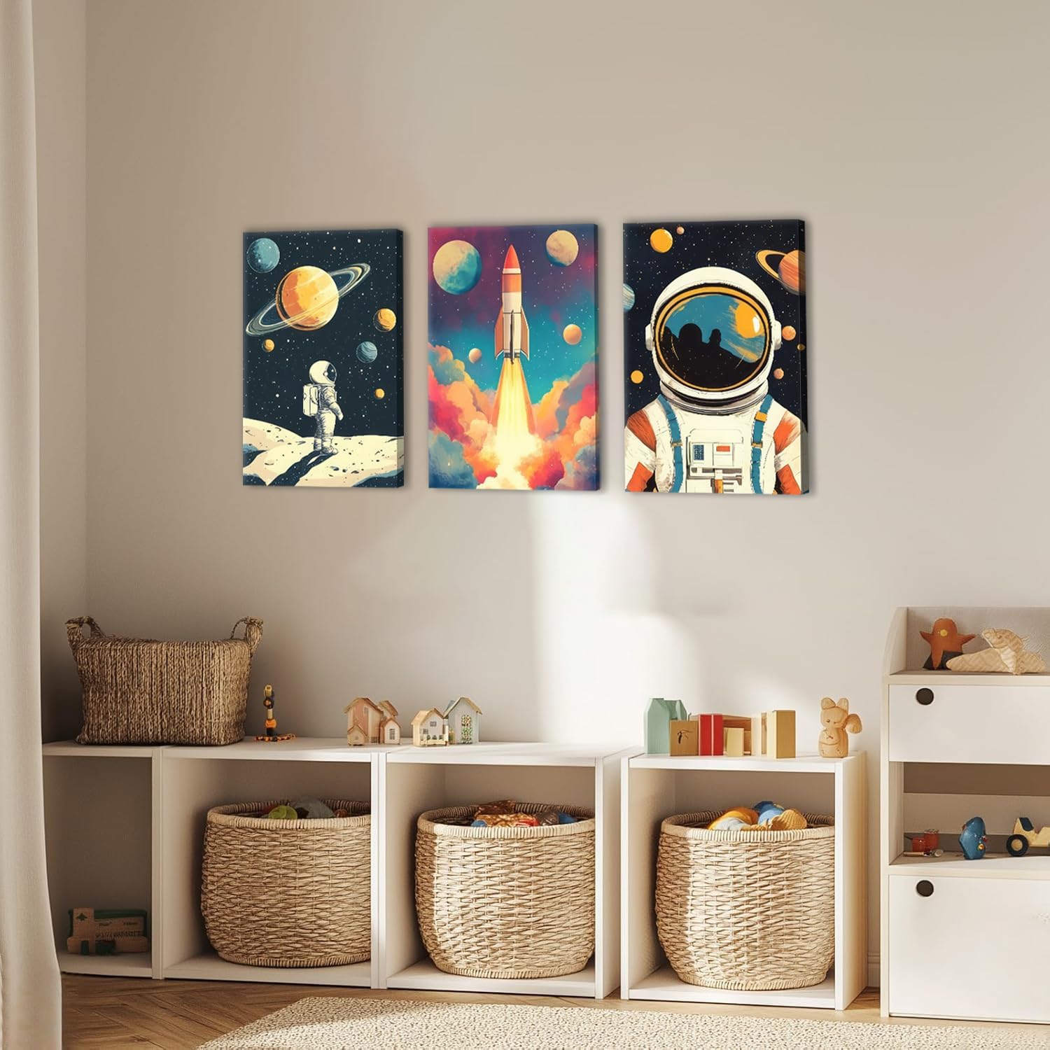 lkjhgf999 3 Pcs Space Canvas Wall Art Nursery Space Astronauts Kid Painting Pictures Wall Decor Explore Dream Galaxy Canvas Prints Artwork for Boys Room Girls Room Kids Room Decoration