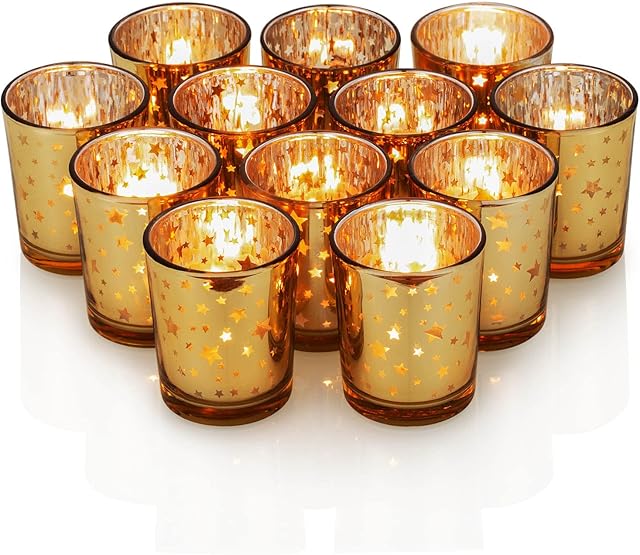 ZYOOO Glass Tealight Votive Candle Holder for Weddings, Parties,and Table Ramadan Decoration - Gold Star - 5.5x6.5cm - Set of 12