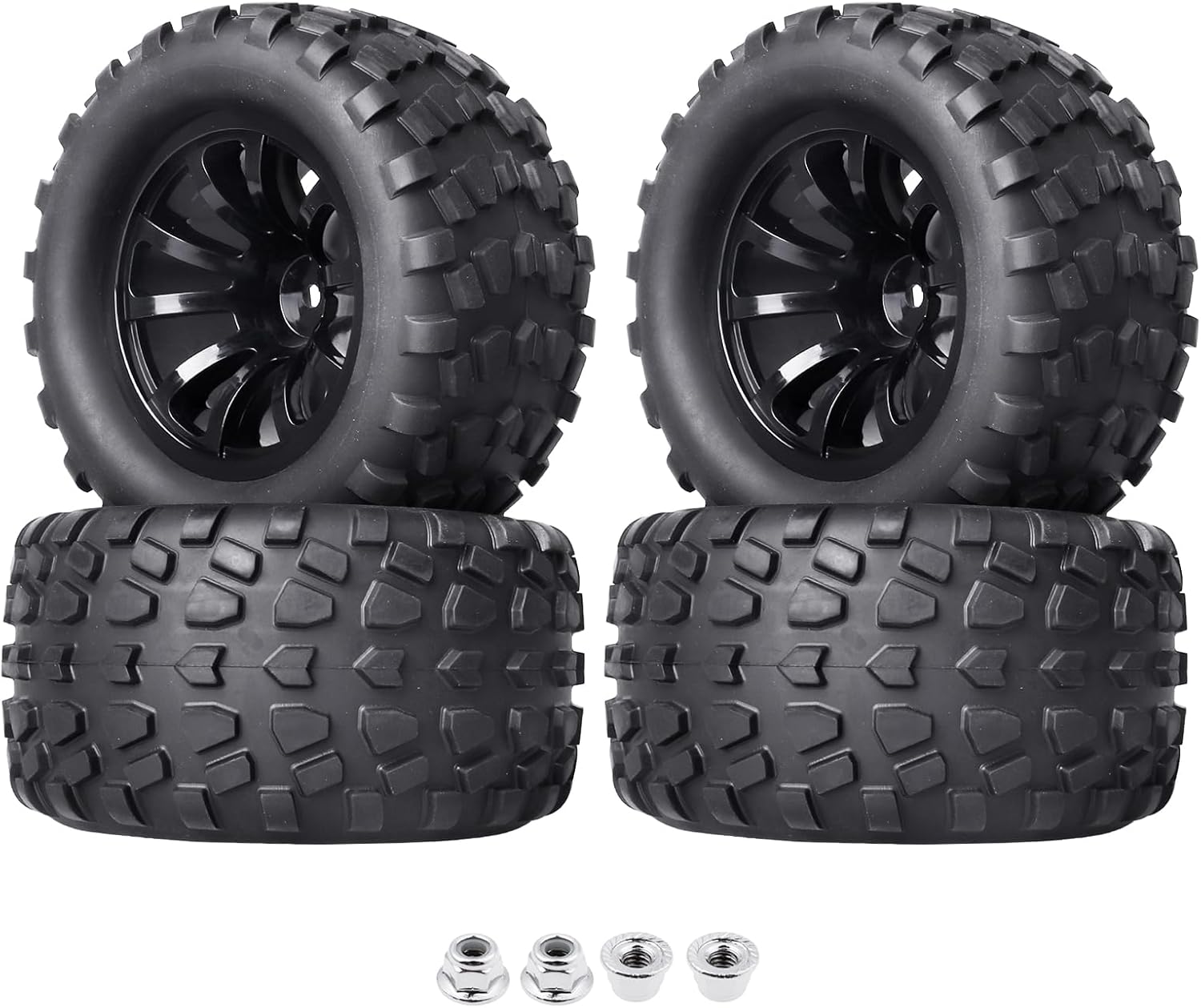 Preglued 1/10 RC Truck Wheels Tires Set 2.8" Tires 12mm Hex Compatible with Traxxas Stampede Hoss Rustler Redcat Blackout Volcano 2WD 4WD Brushless Lipo Power 2S-4S