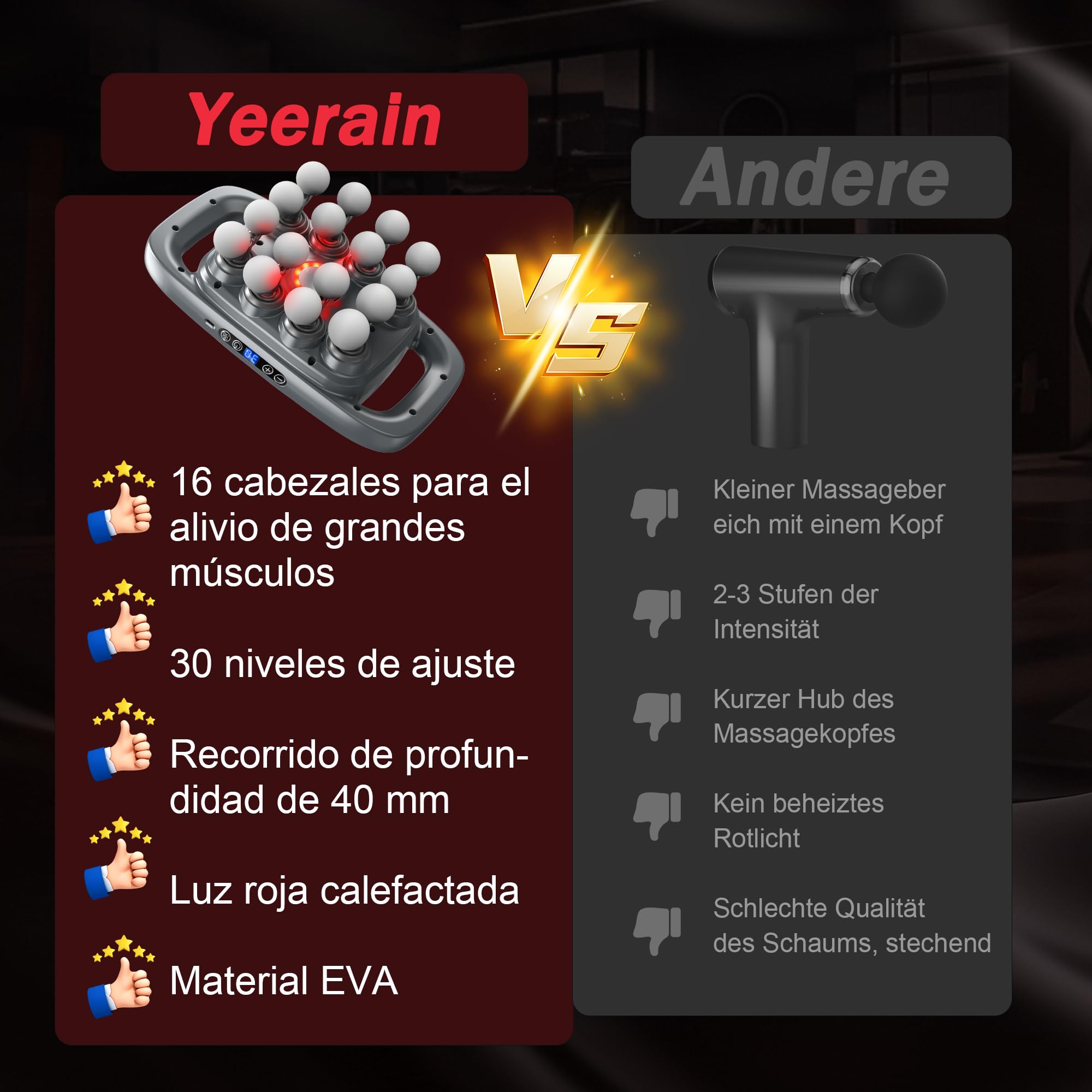 Pistola de Masaje Muscular de 16 cabezales, con 3 Modos y 30 Velocidades Ajustables, Masajeador con Luz Roja para Aliviar la Tensión Muscular y La Fatiga para Espalda, Cintura, Muslos