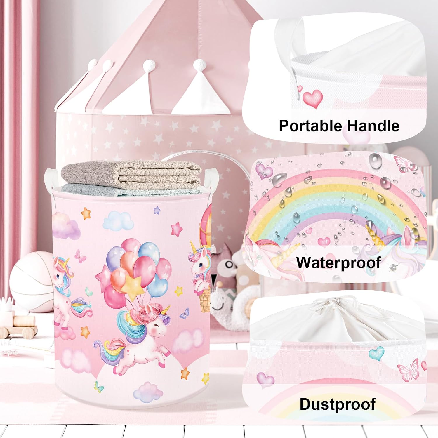 Rainbow Animals Laundry Hamper Collapsible Clothes Storage Basket Large Laundry Hamper for Parent Bathroom/Bedroom, Unicorn, 63L