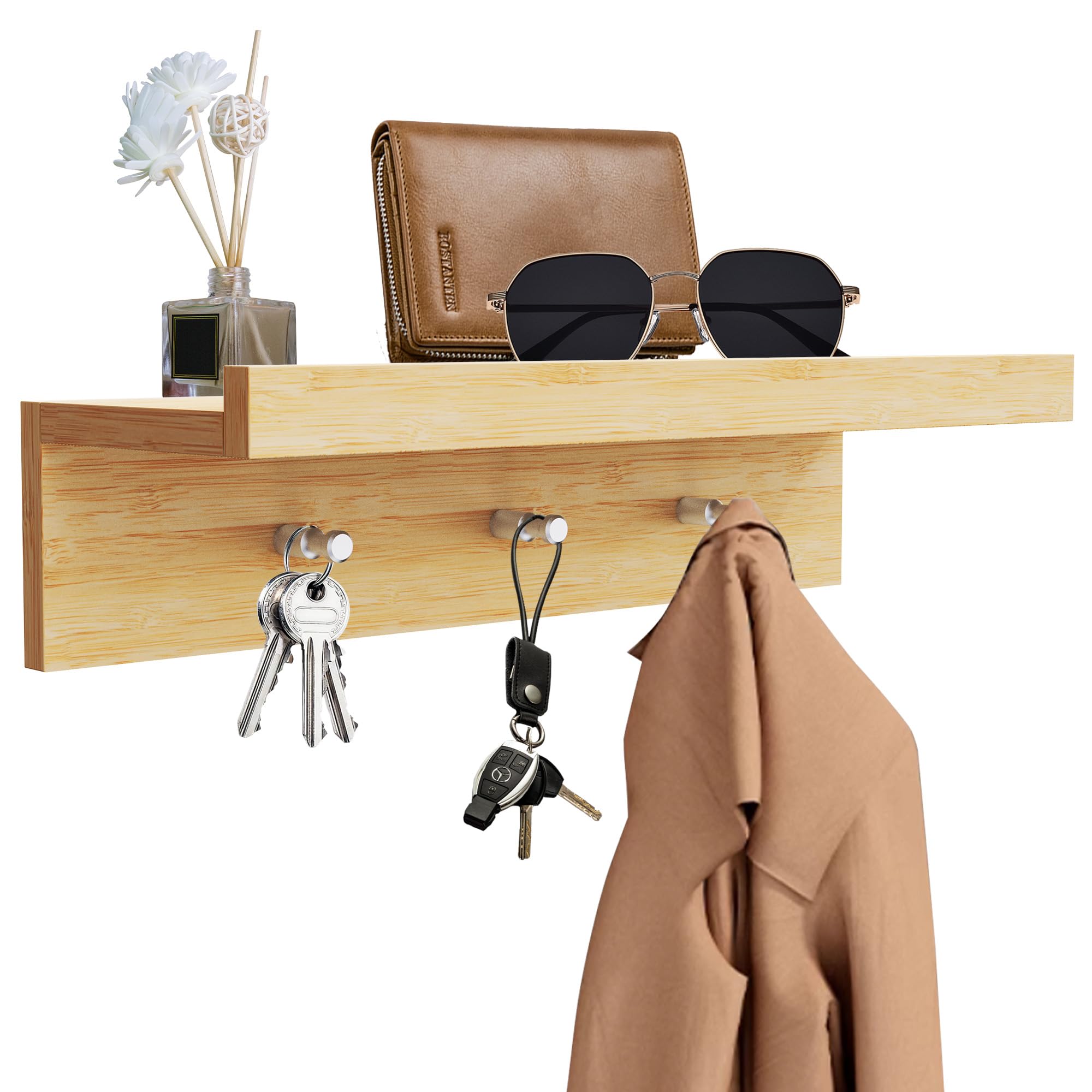 Honsdom Colgador Llaves Pared de Bambú con Estante y 3 Ganchos, Porta Llaves de Pared con Tornillos y Destornillador, Llavero Pared de Madera para Entrada, Pasillo, Cocina