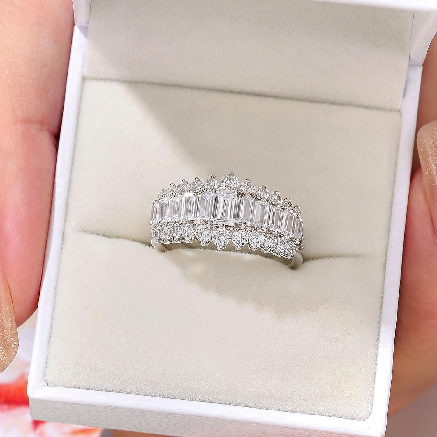 Wuziwen Emerald Cut Wedding Bands for Women Engagement Rings for Her Cubic Zirconia Eternity Ring 925 Sterling Silver - Image 2