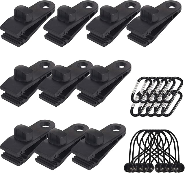 Langaelex Set of 10 Tarp Clips Heavy Duty Lock Grip Tent Clips Clamps with Thumb Screw and Bungee Ball Cords + Carabiner for Fixing Tarps, Awnings, Tarpaulin, Outdoor Camping, Caravan Canopies