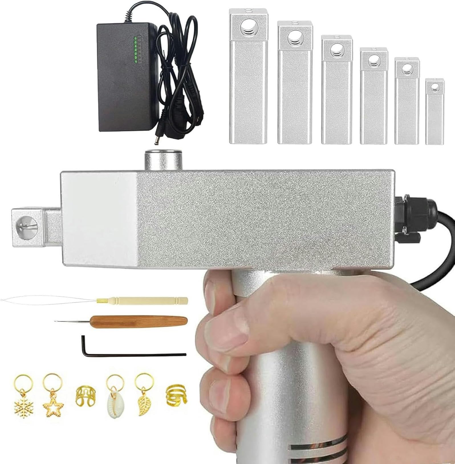Máquina de rastas eléctrica y portátil con 6 cabezales intercambiables para extensiones