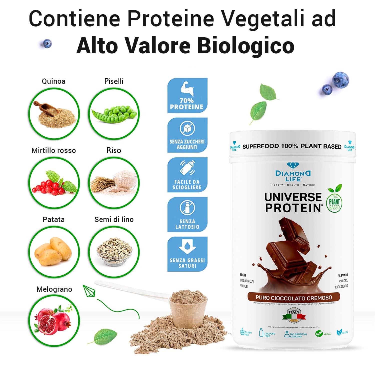 DIAMOND UNIVERSE PROTEIN - Proteine in Polvere Vegane (Pisello, Riso e Quinoa) 70% di Proteine ad Alto Assorbimento per Sforzo Fisico, Resistenza e Mass Gainer | Gusto Cioccolato Cremoso | Gluten Free