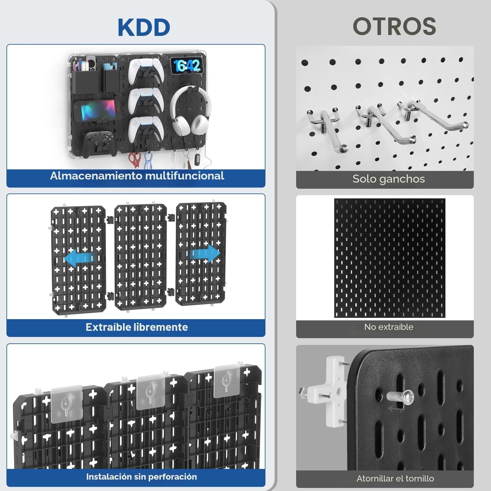 KDD 7 en 1 Panel Perforado Organizador Pared, 40x20cm 3 Paneles de Pegboard Gaming con Barra de Luz LED, Tablero Perforado de Kit Combinado con 14 Piezas para Colgar Herramientas para Juegos Oficina