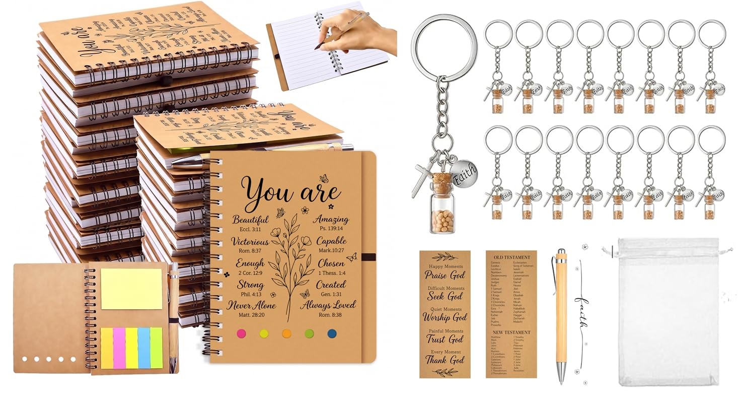Lot de 50 carnets chrétiens en vrac, pour l'étude de l'Église, la Bible | Lot de 250 carnets à spirales avec stylos, marque-pages, sacs en organza, porte-clés