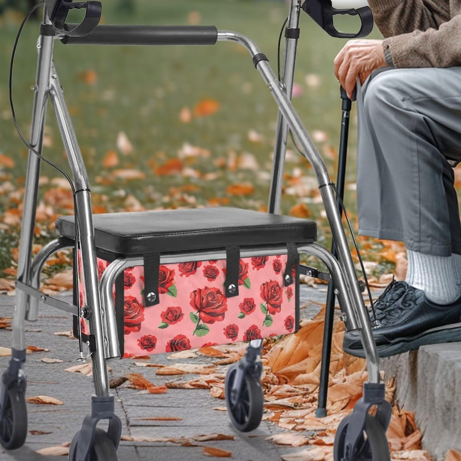 Voxugoniy Walker Bag, Rose Walker Bag Accessories Wheelchair Basket Pouch Water Resistant Seniors Caddy Accessory Lightweight Carry Storage Carrier Tote Valentine's Day Gifts