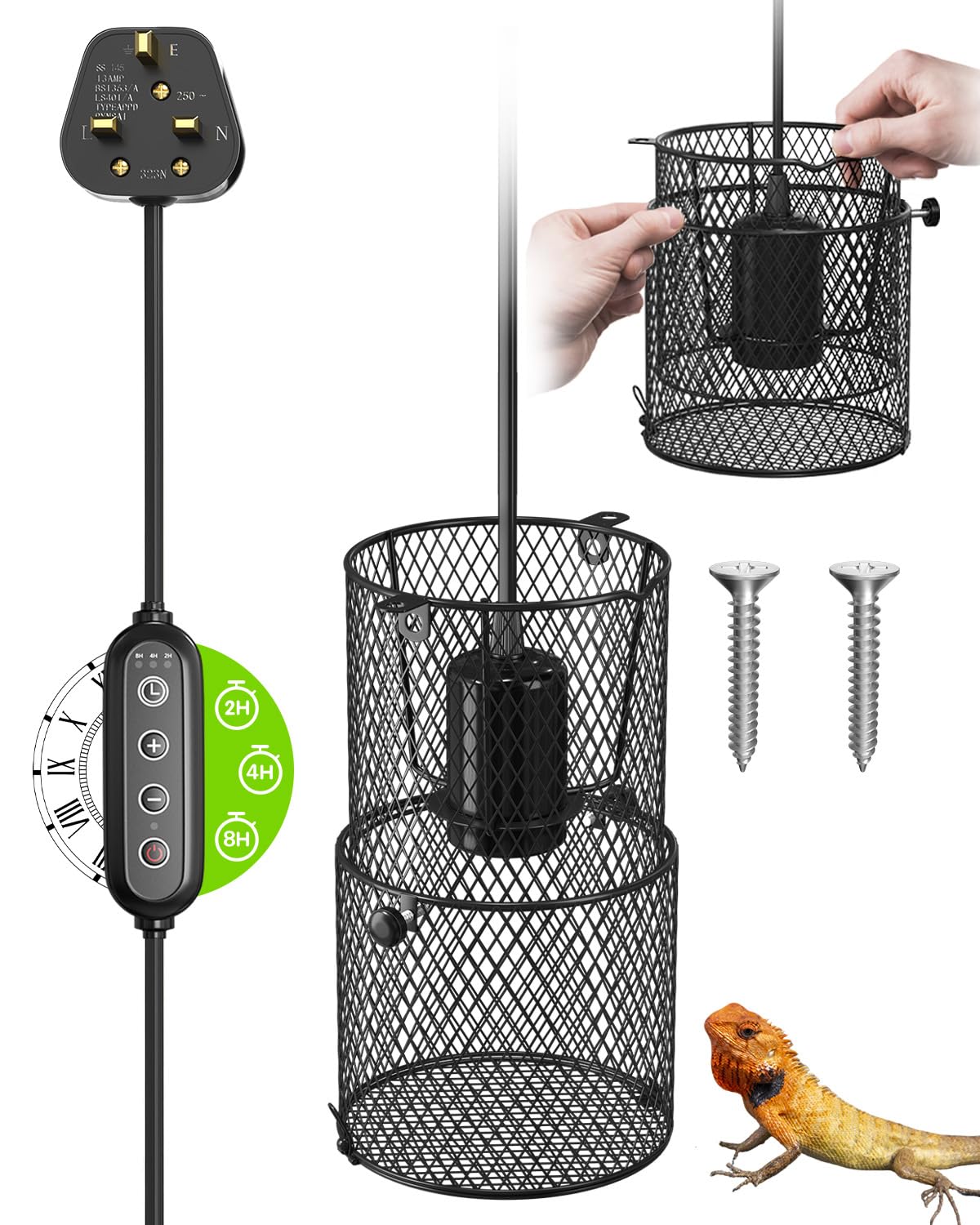 Lustaled Retractable Reptile Heat Lamp with Timer, 100W E27 Tortoise Ceramic Lamp Holder, Dimmable, Anti Scald Lampshade for Bearded Dragon, Snake, Turtle, Chicks, Lizard (Bulb Not Included)