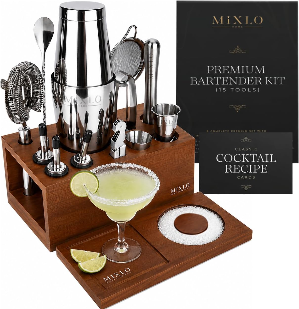 Mixology Bartender Kit - Premium 15 Brown Stand - Silver Tools with Boston Shaker