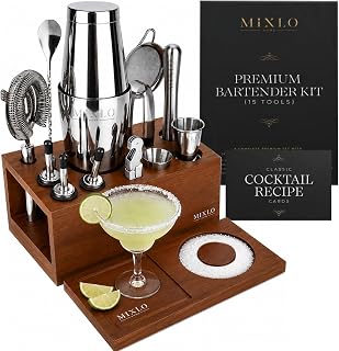 Mixology Bartender Kit - Premium 15 Brown Stand - Silver Tools with Boston Shaker