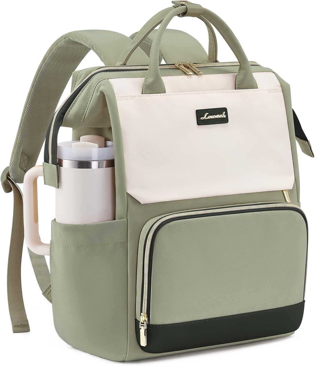 LOVEVOOK Laptop Backpack for Women with Giant Tumbler Holder Pocket, 15.6 inch Travel Work Backpack Purse for Nurse Teacher, Waterproof School Bag College Bookbag Cute Casual Daypack for Girls Green