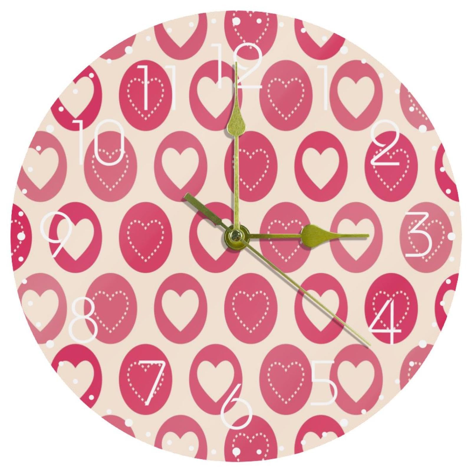 Horloge murale silencieuse de 25 cm avec motif cœurs géométriques pour salon