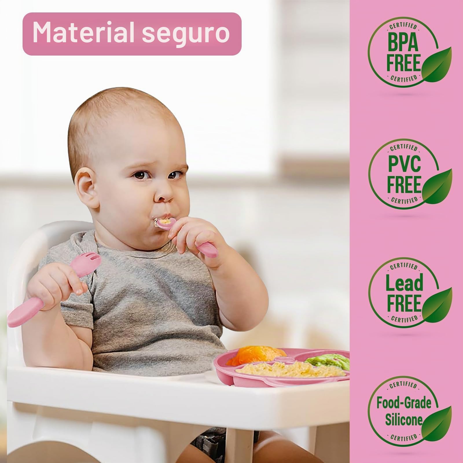 Vajilla Bebe Silicona, 11 Piezas Vajilla de Silicona para Bebés Antideslizante, Cubiertos Bebe para Comer Destete, Con Babero Taza Plato Cuenco, Juegos de Vajilla Bebe, Sin BPA (Rosa oscuro)