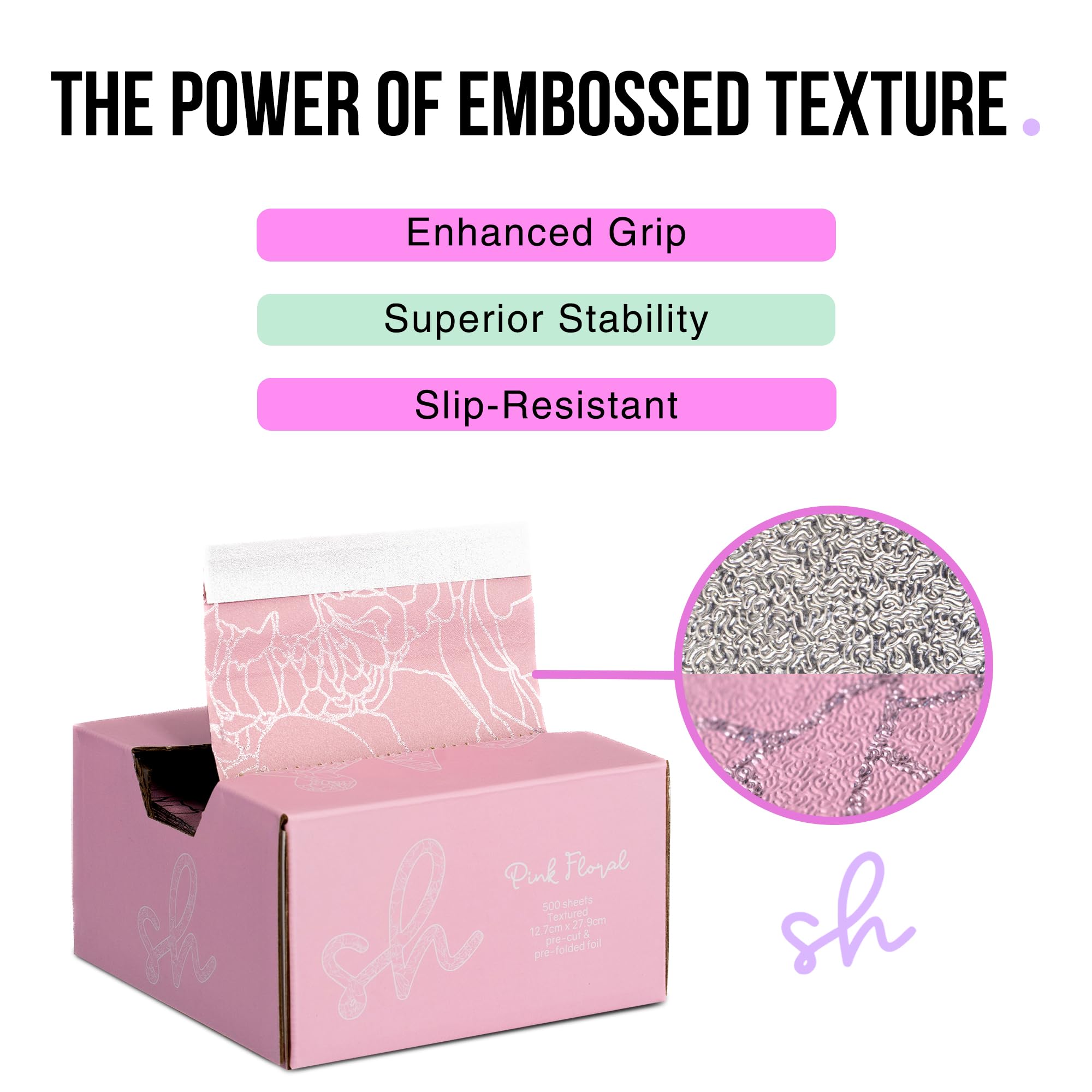 Extra Wide Pop Up Hair Foil, Hairdressing Foil For Highlighting and Balayage, 500 Pre-cut & pre-folded 12.7cm x 27.9cm sheets, Embossed Foil with Pink Floral Print Design.