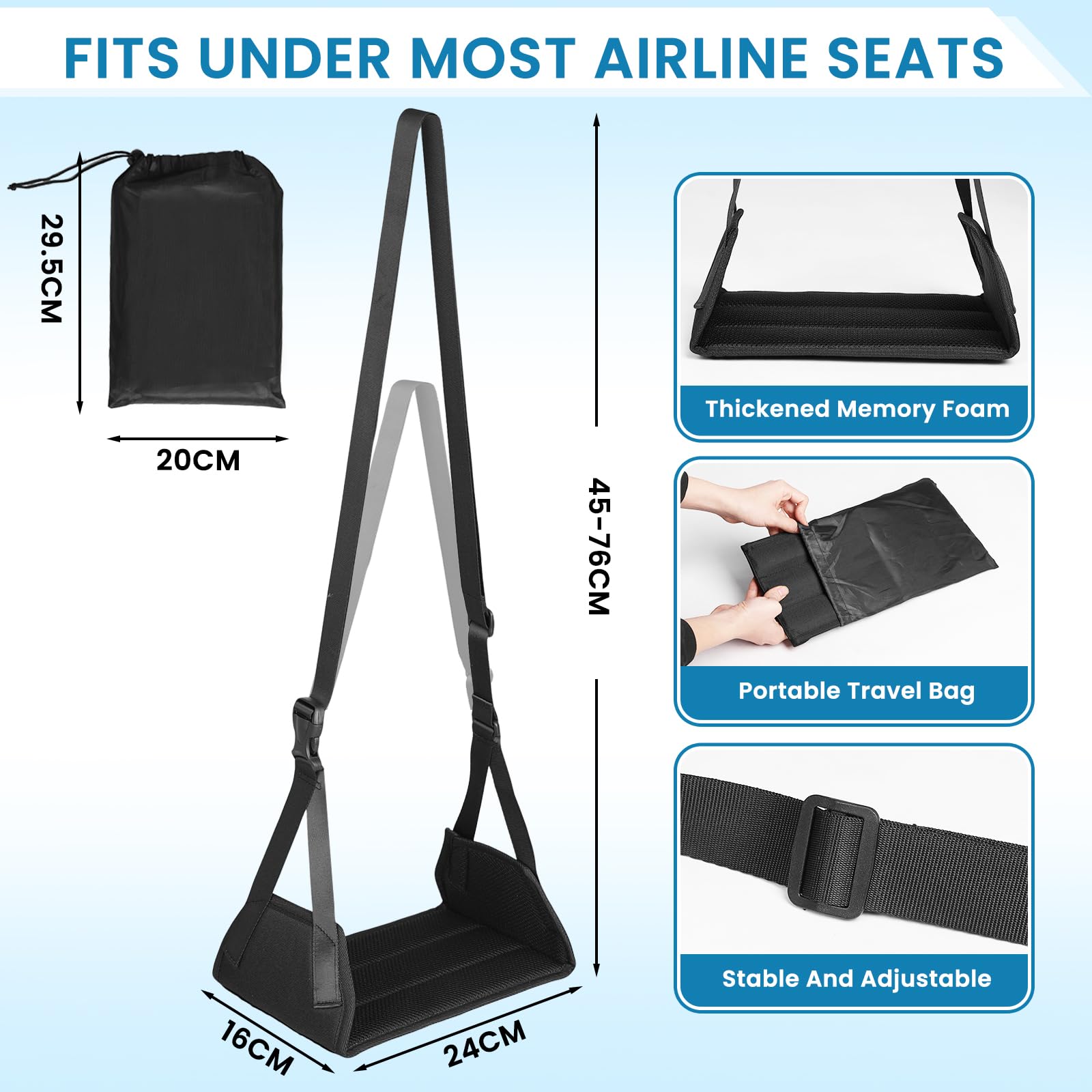 Fußstütze Flugzeug, Tragbare Verstellbare Reise Fußhängematte, aus Memory Form, Rutschfest, Atmungsaktiv, bis 40 kg Belastbar, Ergonomische Fußstütze für Reise, Büro & Zuhause